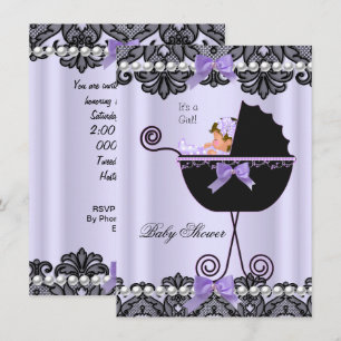 Baby Shower Baby Girl Lavender Purple Black Lace Invitation