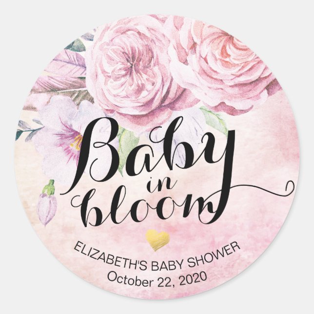 Baby Shower Baby in Bloom Boho Flowers & Feathers Classic Round Sticker (Front)