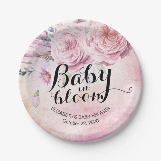 Baby Shower Baby in Bloom Boho Flowers & Feathers Paper Plate (Front)