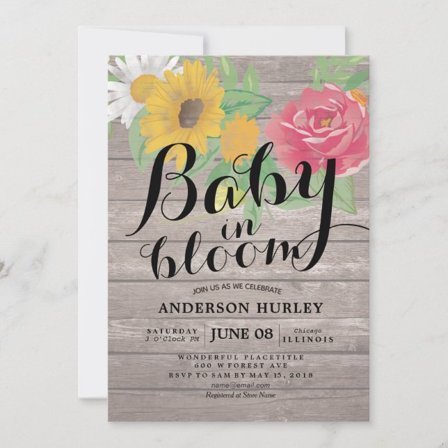 Baby Shower Baby in Bloom Chic Flowers Rustic Wood Invitation (Front)