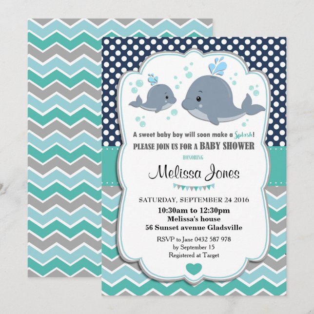 Baby shower baleine Invitation personnalisée Baby  (Devant / Derrière)