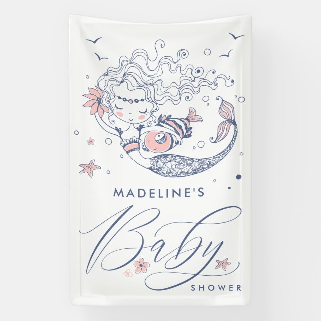 Baby shower | Bannière de sirène de fille rose (Verticale)