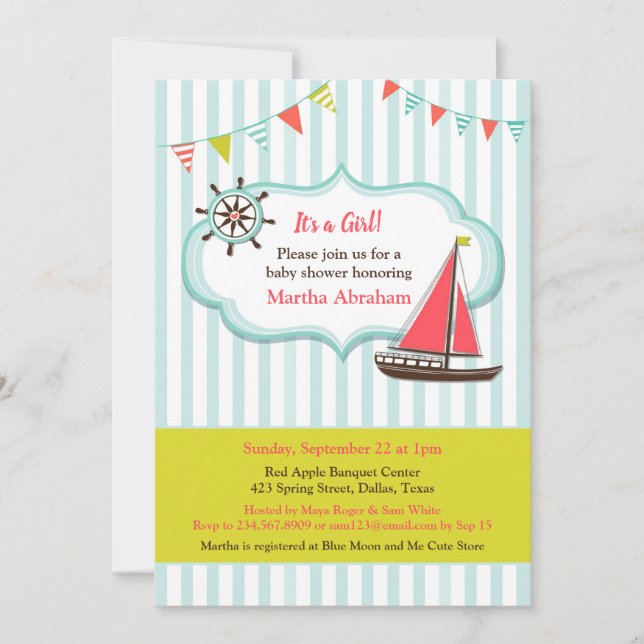 Baby shower Bateau à voile Baby Girl Invitation (Devant)
