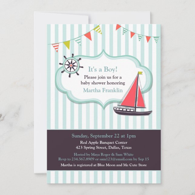 Baby shower Bateau à voile Boy Invitation (Devant)