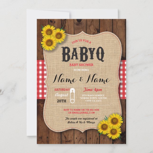 Baby shower BBQ BaByQ Invitation de tournesol roug (Devant)