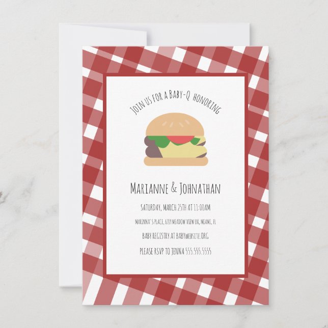 Baby Shower BBQ Backyard Hamburger Plaid Red Invitation (Front)