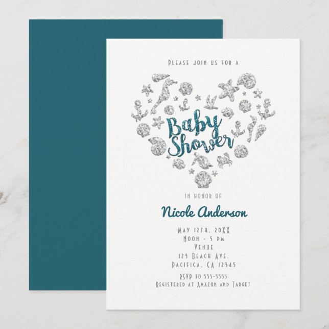 BABY SHOWER Beach Glam Diamond Heart Invitations (Devant / Derrière)
