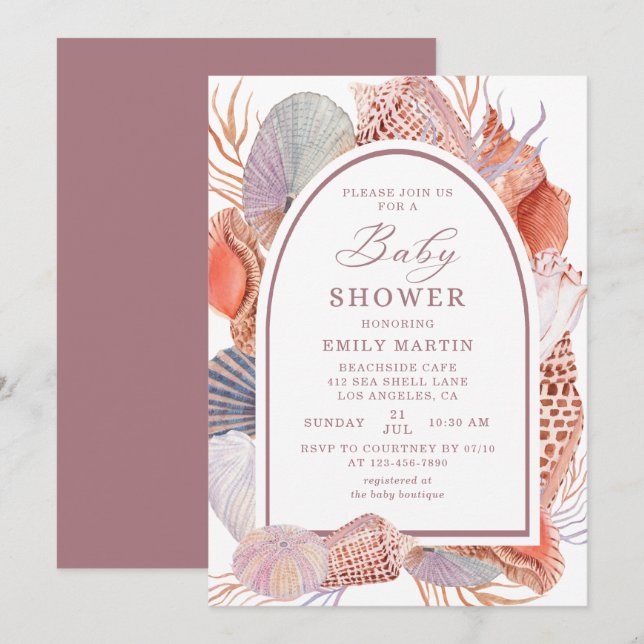 Baby Shower Beach Seashells Watercolor Nautical In Invitation (Front/Back)
