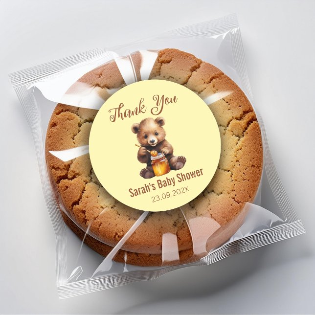 Baby Shower Bear Cub  Eating Honey Cute Thank You Classic Round Sticker (Creator Uploaded)