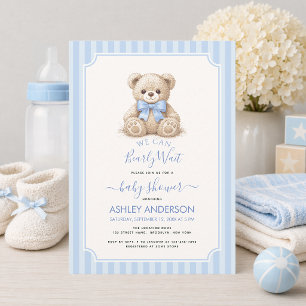 Baby Shower Bearly Wait Teddy Bear & Blue Stripes Invitation