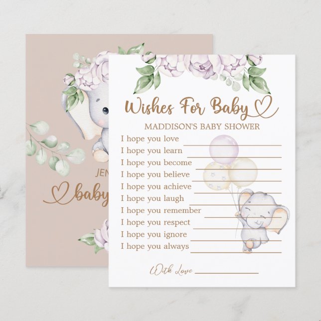 Baby shower bébé éléphant souhaits pour la carte b (Devant / Derrière)