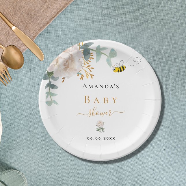 Baby Shower bee floral eucalyptus greenery Paper Plate (Creator Uploaded)