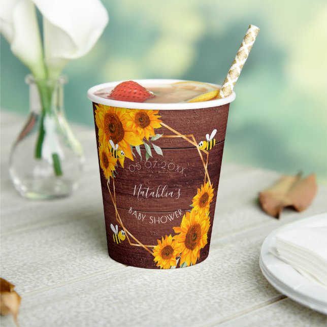 Baby Shower bees sunflowers rustic wood brown Paper Cups (Insitu)