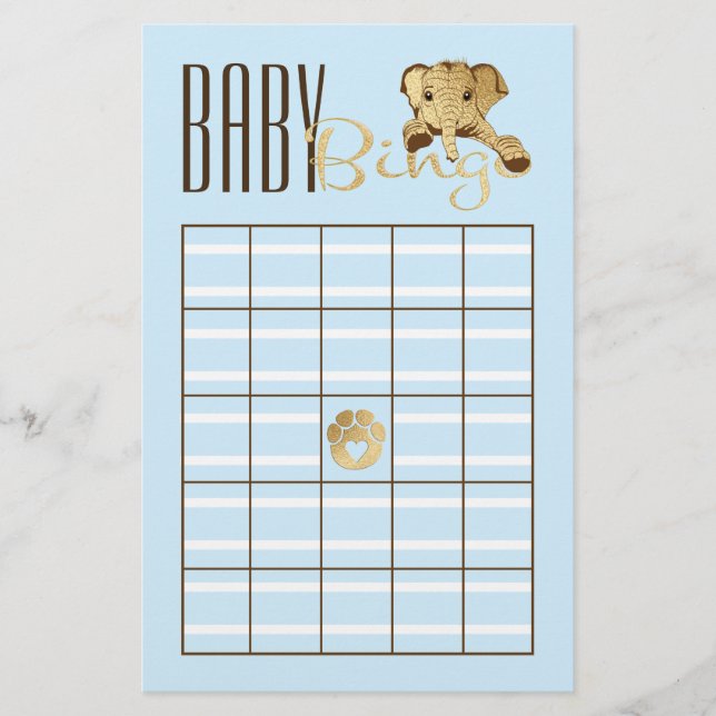 Baby Shower BINGO Baby Blue Gold Elephant Flyer (Front)