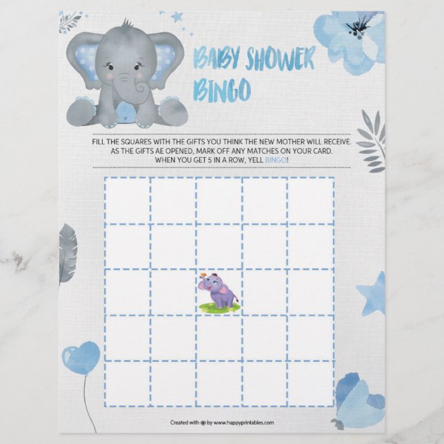 Baby Shower Bingo [Baby Elephant [Blue] Letterhead (Front)