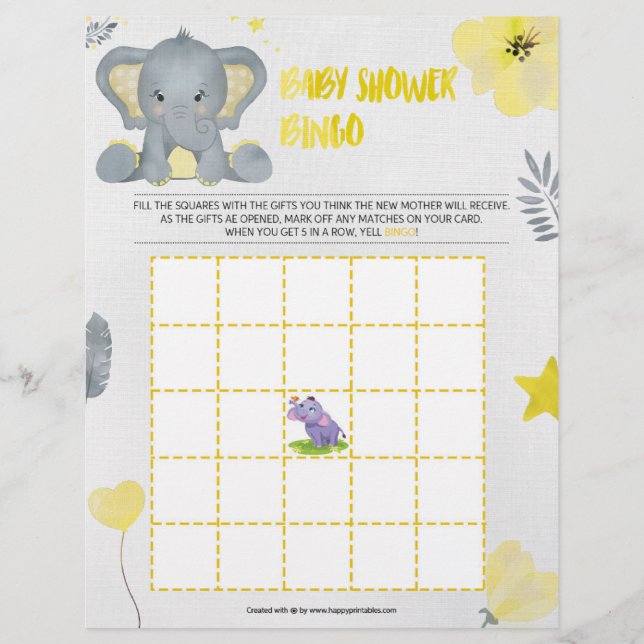 Baby Shower Bingo [Baby Elephant [Yellow]] Letterhead (Front)
