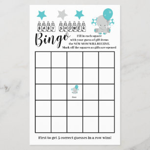 Baby Shower Bingo Blue Elephant Boy Game Card