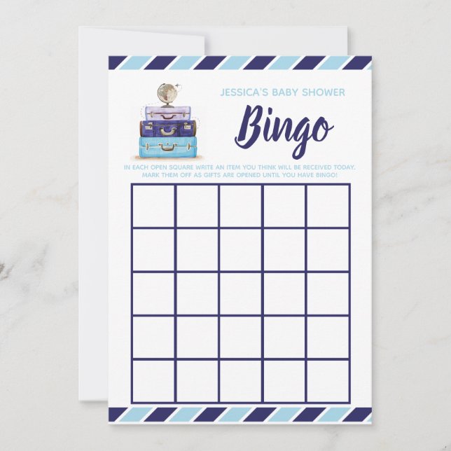 Baby shower bingo Blue travel themed game Invitation (Front)
