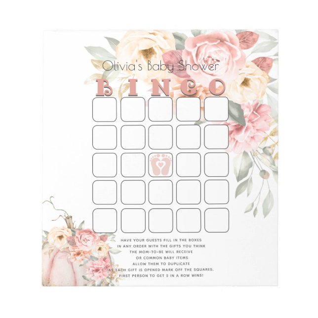 Baby Shower Bingo Blush Coral Pumpkin Peony Floral Notepad (Front)