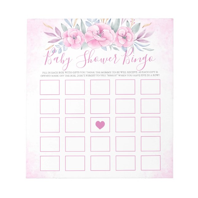 Baby Shower Bingo Blush Pink Flowers Watercolor Notepad (Front)