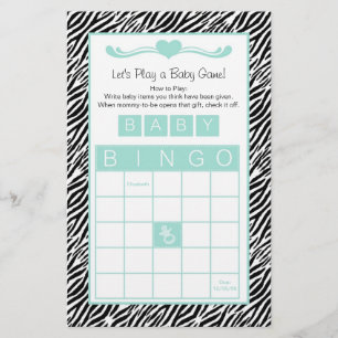 Baby Shower Bingo Game Chic Aqua Mint Zebra