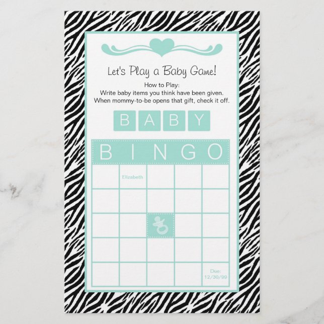 Baby Shower Bingo Game Chic Aqua Mint Zebra (Front)