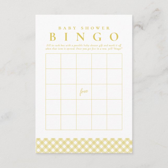 Baby shower bingo game cute yellow gingham card (Front)
