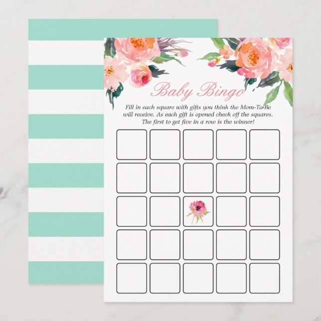 Baby Shower Bingo Game Mint Green Stripes Floral Invitation (Front/Back)