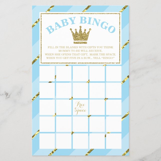 Baby Shower Bingo Game, Prince, Blue and Gold Flyer (Front)