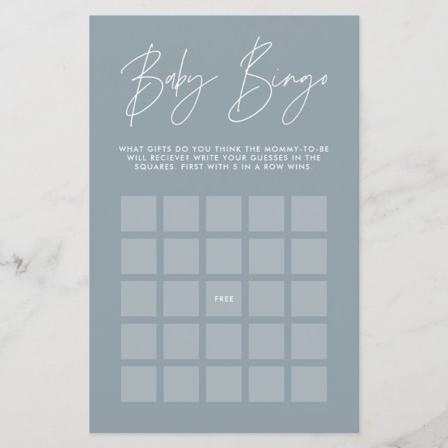 Baby shower bingo modern elegant dusty blue (Front)