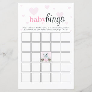 Baby Shower Bingo Party Game Pink Hearts Bear Cub