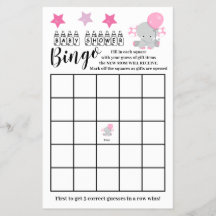 Baby Shower  Bingo Pink Elephant  Girl Game Card