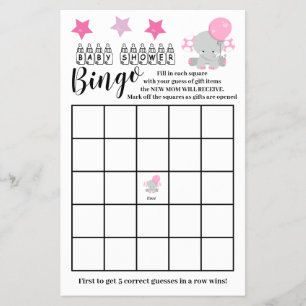Baby Shower Bingo Pink Elephant Girl Game Card