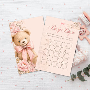 Baby Shower Bingo Pink Girl Teddy Bear Floral Game