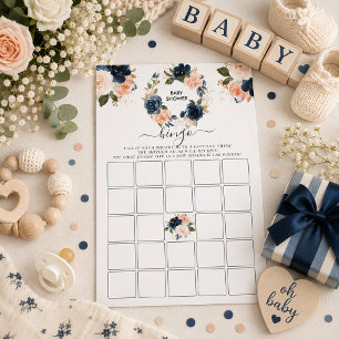 Baby Shower Bingo Pink Navy Wreath Floral Game