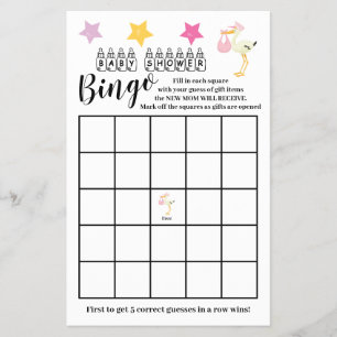 Baby Shower  Bingo Pink Stork Girl Game Card 