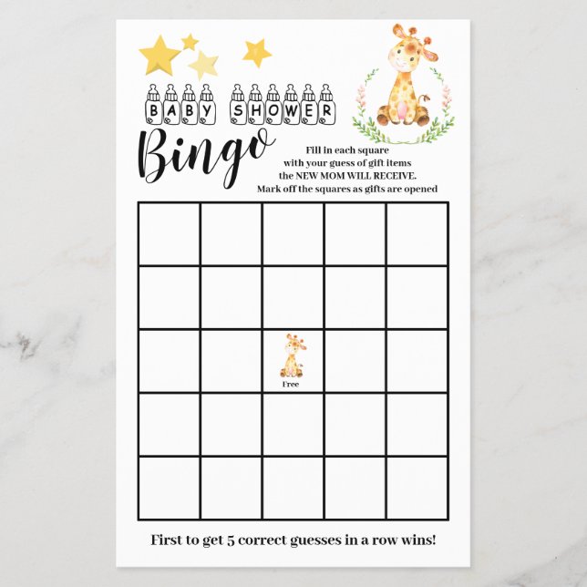 Baby Shower Bingo Sweet Giraffe Game Card  (Front)