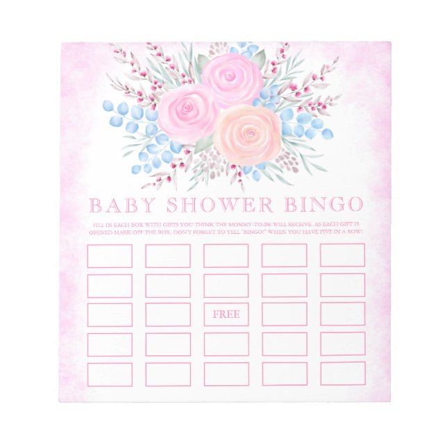 Baby Shower Bingo Watercolor Bouquet Pink Roses Notepad (Front)