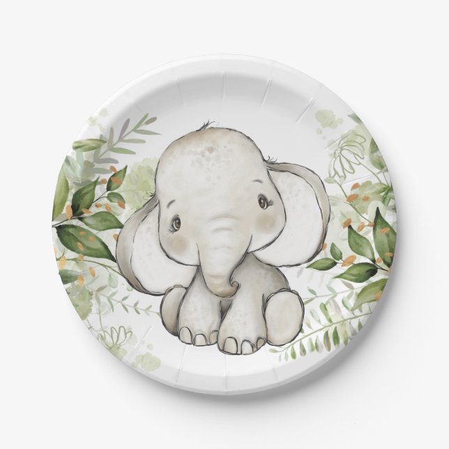 Baby Shower Birthday Cute Elephant Greenery Paper Plate (Front)