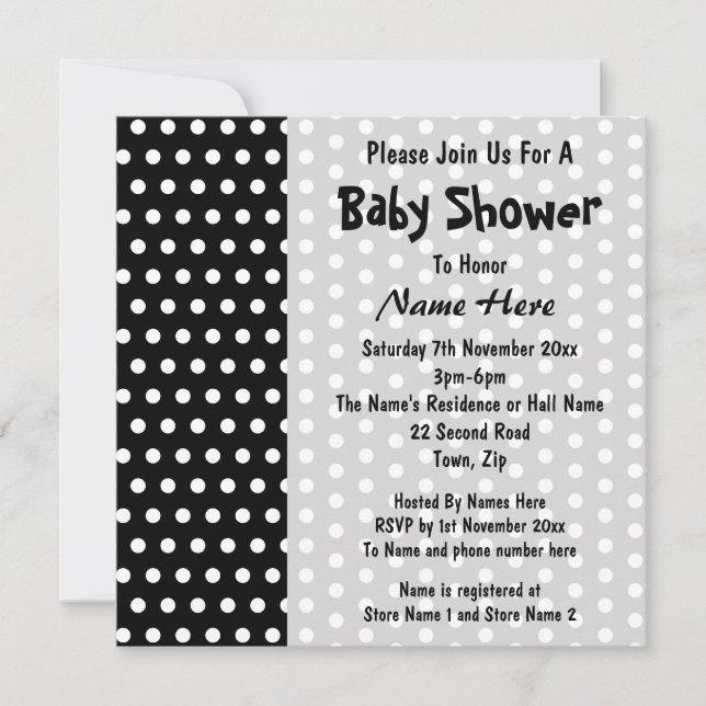 Baby Shower, Black and White Polka Dot Pattern. Invitation (Front)