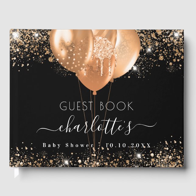 Baby shower black gold glitter name balloons guest book (Front)