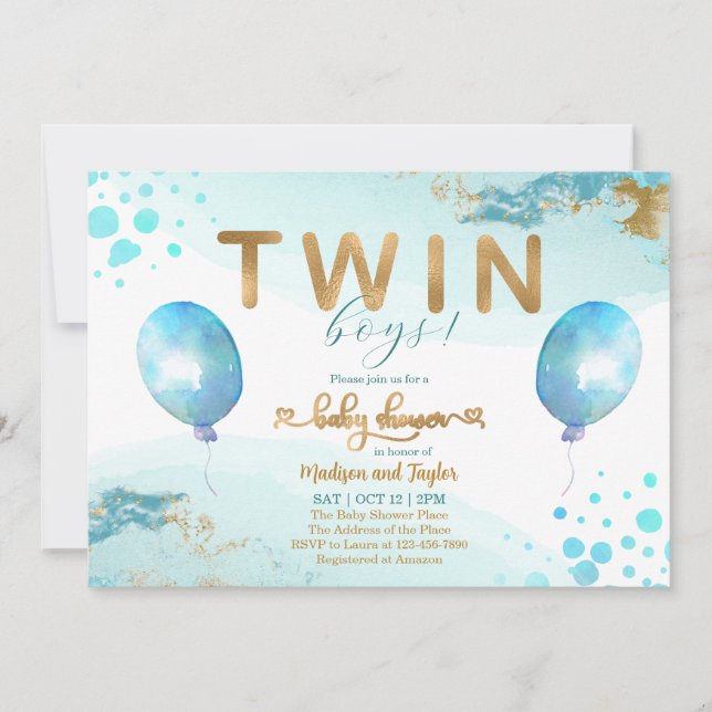 Baby shower Bleu Balloon Or Twin Boy Invitation (Devant)