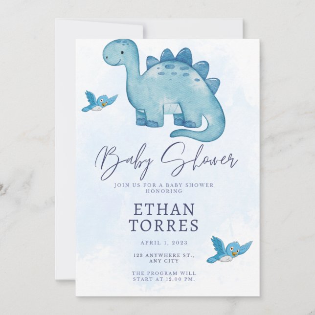 baby shower bleu élégant invitation dinosaure mign (Devant)