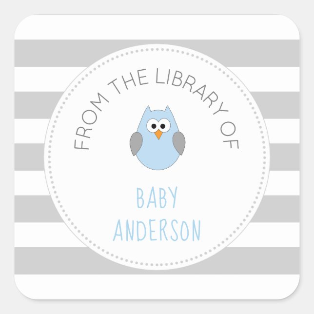 Baby shower bleu hibou autocollant de LIVRE, boîte (Devant)