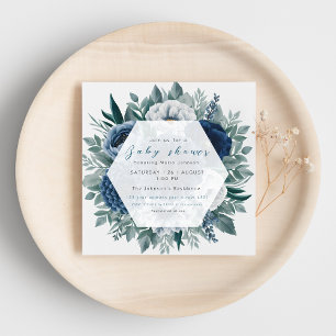 Baby shower bleu marine floral vert invitation