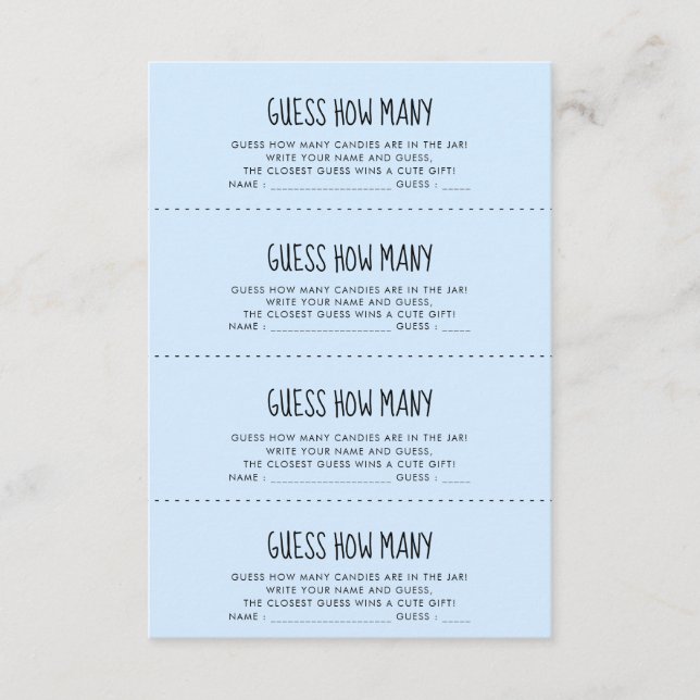 Baby shower bleu mignon Devinez combien de cartes  (Devant)