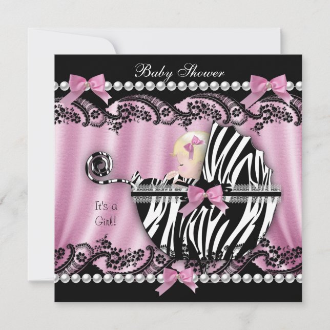 Baby Shower Blonde Haired Girl Pink Zebra 2 Invitation (Front)