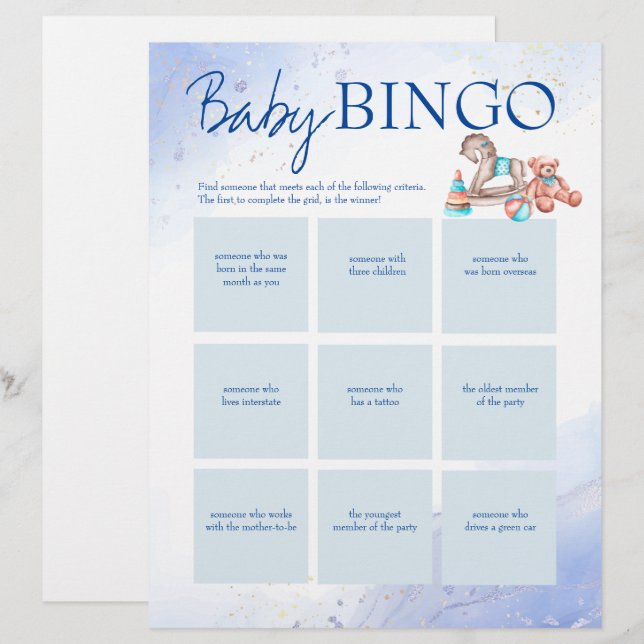 Baby shower blue bingo game personalized template letterhead (Front/Back)