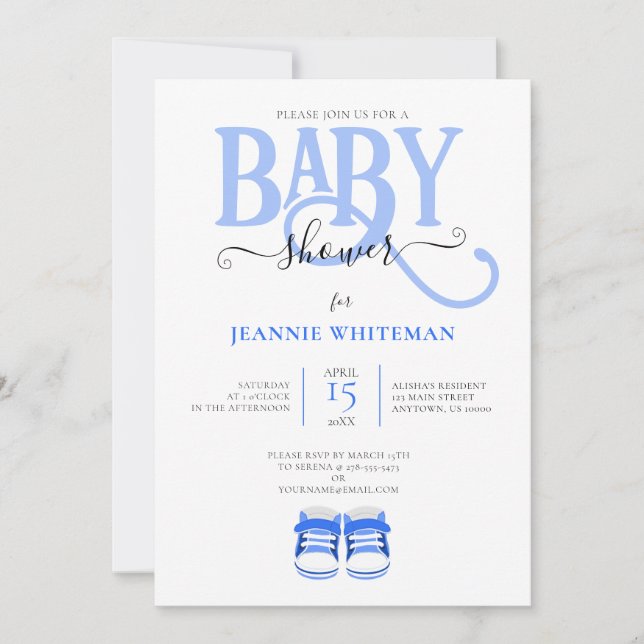 BABY SHOWER, BLUE BOOTIES, BLUE TYPOGRAPHY INVITATION (Front)