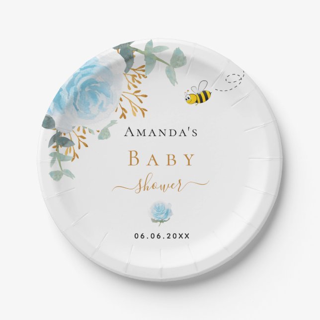 Baby Shower blue bumble bee floral greenery boy Paper Plate (Front)